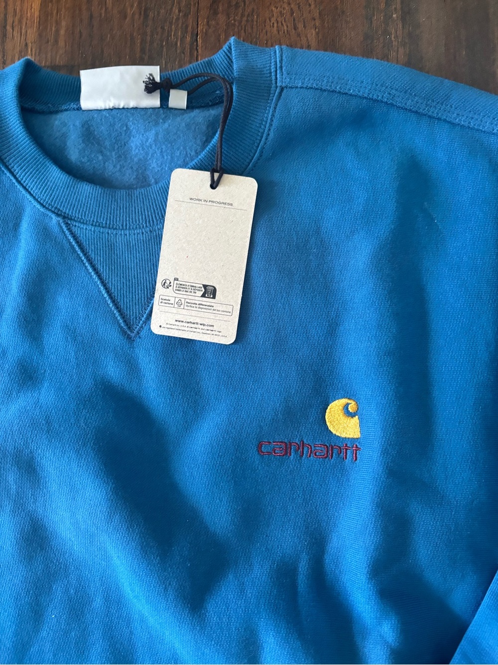 Carhartt WIP Sodalite Blue Crewneck with Yellow Script Logo